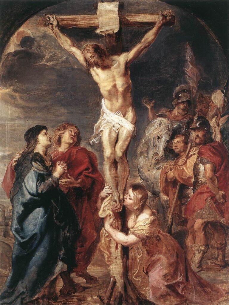 Baroque painting by Peter Paul Rubens showing Christ crucified beneath a darkened sky, with the Virgin and St. John at the left, Mary Magdalene embracing the foot of the cross, and Roman soldiers with a white horse at the right; light falls on Christ’s body as figures gather in grief.