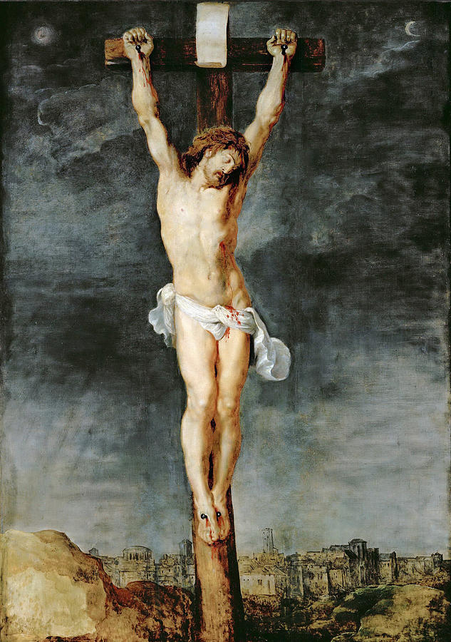 Painting of Christ hanging alone on a wooden cross against a dark stormy sky, with blood at his hands and feet, a white loincloth, and a distant city below.