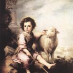 Baroque painting of the Christ Child as a young shepherd sitting barefoot on a rock with a staff, one arm resting on a lamb beside him, set against a soft landscape with distant sheep and classical ruins.