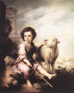 Baroque painting of the Christ Child as a young shepherd sitting barefoot on a rock with a staff, one arm resting on a lamb beside him, set against a soft landscape with distant sheep and classical ruins.
