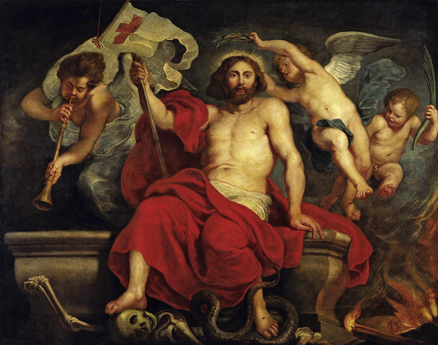 Christ seated on the edge of a stone tomb, half draped in red, holding a white banner with a red cross as angels trumpet, crown him with laurel, and offer a palm branch, while skulls, serpents, and flames lie beneath his feet.