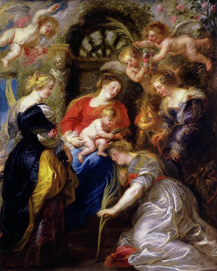 Baroque painting by Peter Paul Rubens showing the Virgin Mary seated with the Christ Child as Saint Catherine kneels before them holding a palm branch, while richly dressed women and flying cherubs with flowers and palms surround the scene in a glowing enclosed garden.