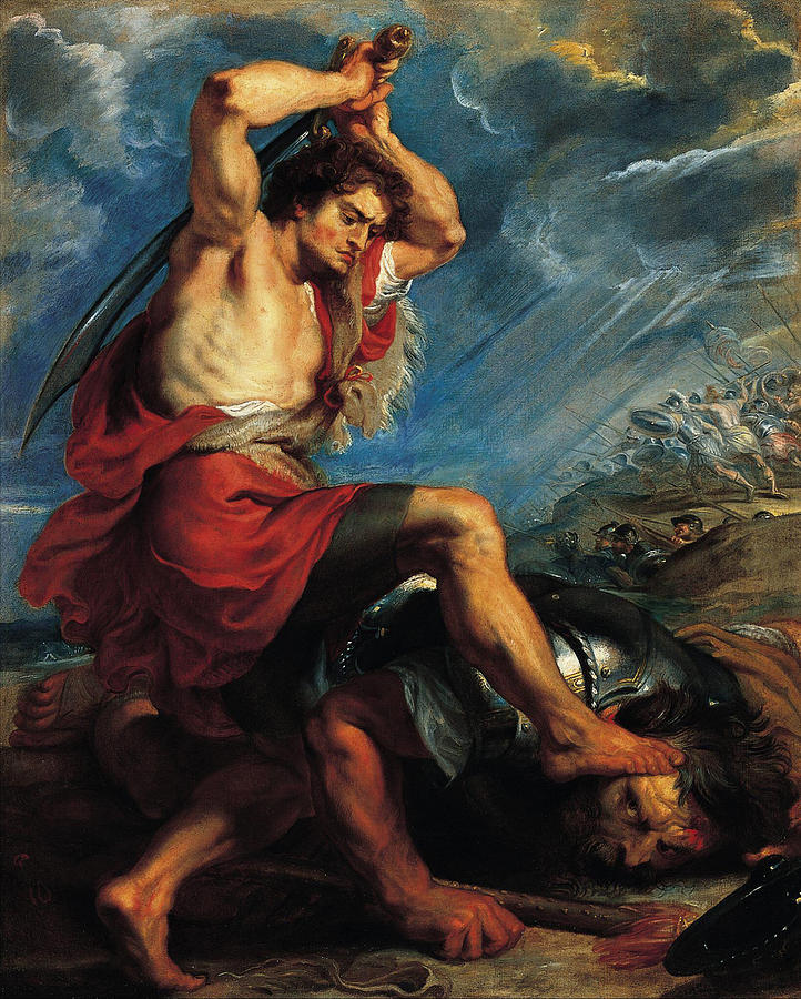 Baroque painting by Rubens showing a muscular young David in red drapery kneeling over the armored giant Goliath, sword lifted high above his head against a stormy sky as distant armies watch.