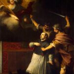 Baroque painting by Murillo showing inquisitor Pedro de Arbués kneeling at an altar as two assassins attack him with dagger and sword while an angel with a palm of martyrdom appears in a golden cloud above.