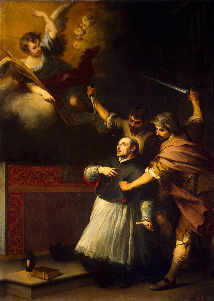Baroque painting by Murillo showing inquisitor Pedro de Arbués kneeling at an altar as two assassins attack him with dagger and sword while an angel with a palm of martyrdom appears in a golden cloud above.