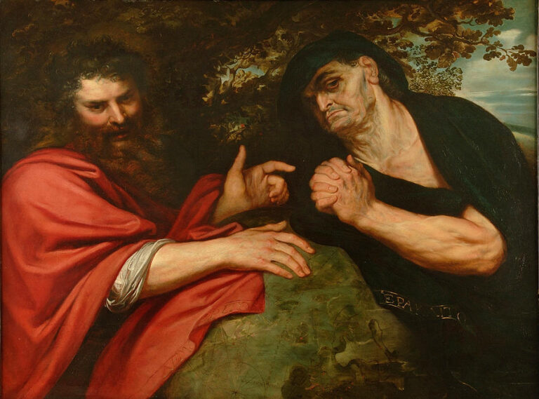 Baroque painting by Peter Paul Rubens showing Democritus in a red cloak smiling and gesturing beside a globe, while Heraclitus in dark clothing clasps his hands and looks sadly downward under a tree.