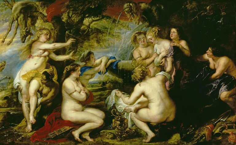 Baroque painting by Peter Paul Rubens depicting the myth of Diana and Callisto, with the goddess and a circle of nude nymphs around a woodland fountain as Callisto is stripped and revealed to be pregnant, surrounded by putti, flowing water, and rich drapery.