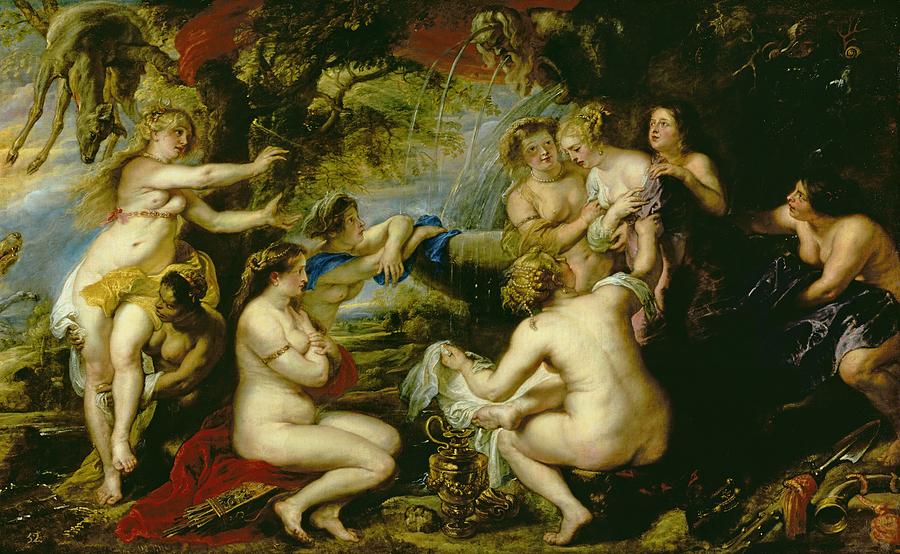 Baroque painting by Peter Paul Rubens depicting the myth of Diana and Callisto, with the goddess and a circle of nude nymphs around a woodland fountain as Callisto is stripped and revealed to be pregnant, surrounded by putti, flowing water, and rich drapery.