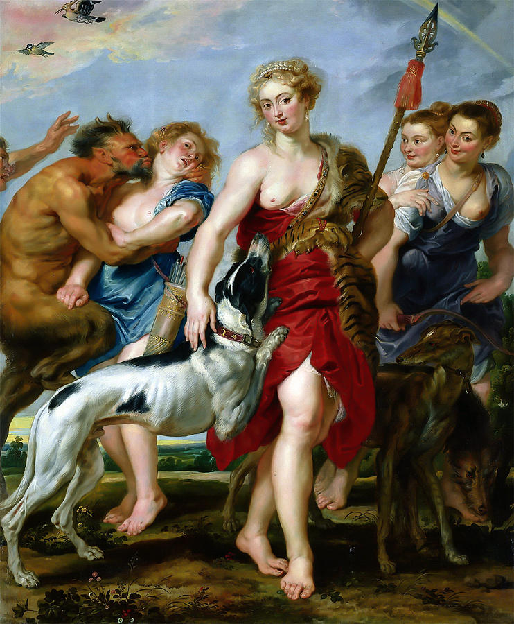 Mythological scene by Rubens showing the goddess Diana in red drapery with spear and hunting dogs, flanked by nymphs and a satyr, all preparing to depart across a bright outdoor landscape.