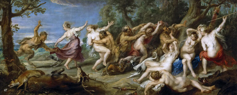 Wide Baroque painting by Peter Paul Rubens showing the goddess Diana and a group of nude and semi-draped nymphs abruptly attacked by fauns in a forest clearing, with figures running, struggling, and falling amid scattered hunting gear and a distant blue sky.