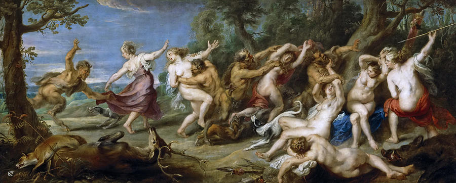 Wide Baroque painting by Peter Paul Rubens showing the goddess Diana and a group of nude and semi-draped nymphs abruptly attacked by fauns in a forest clearing, with figures running, struggling, and falling amid scattered hunting gear and a distant blue sky.