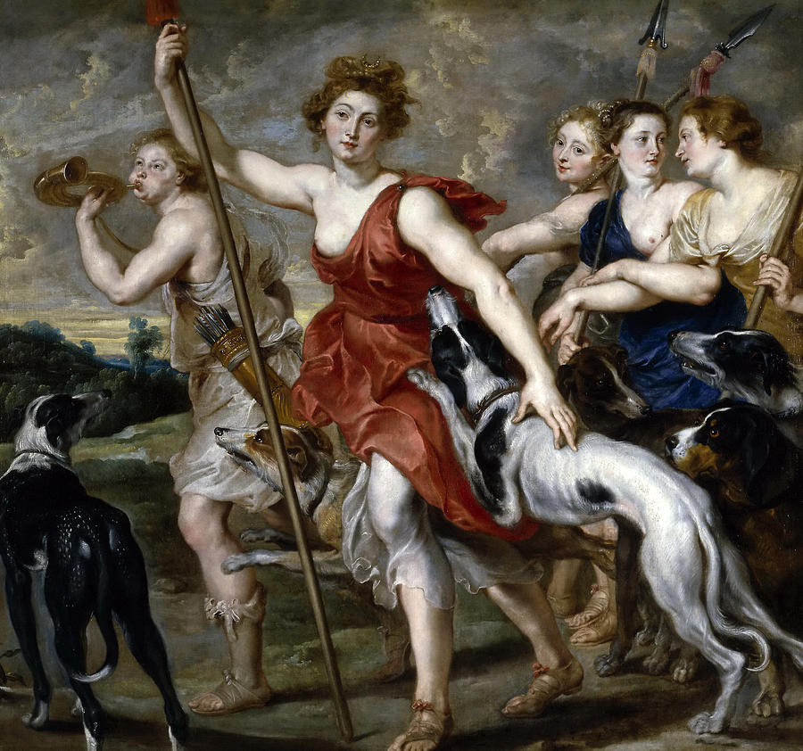 Painting by Peter Paul Rubens showing the goddess Diana in a red dress striding forward with spear in hand, surrounded by nymphs and a pack of hunting dogs under a cloudy, dramatic sky.