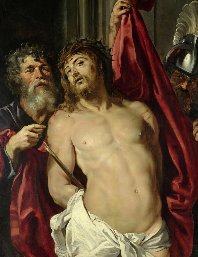 Baroque painting by Peter Paul Rubens showing the half-naked Christ crowned with thorns and draped in a red cloak, flanked by an older man and a helmeted soldier who display him to the viewer against a dark background.