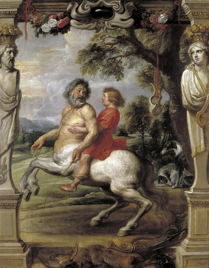 Baroque painting by Peter Paul Rubens showing the centaur Chiron walking through a landscape with the young Achilles in a red garment seated on his back, framed by ornate columns, statues, and floral garlands.