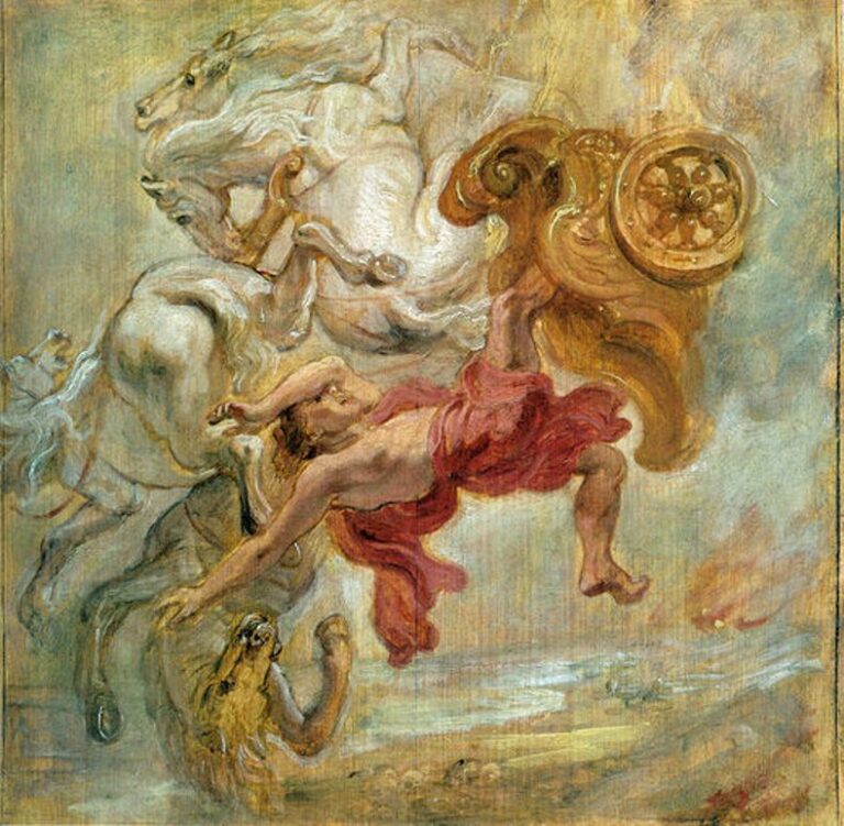Dramatic Baroque painting by Peter Paul Rubens showing the mythic fall of Phaeton, with white sun-horses rearing, an ornate golden chariot tipping, and a half-draped young man in red tumbling downward through a swirling, fiery sky.