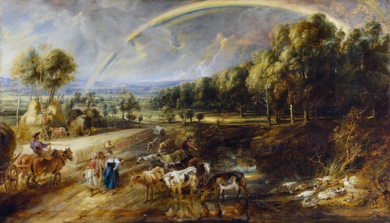 Wide Baroque landscape by Peter Paul Rubens showing a rainbow arching over sunlit fields, hay carts, walking peasants, cattle drinking at a stream, and a dark wooded area with ducks on the water.