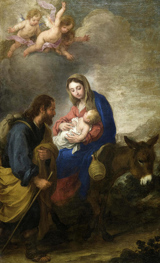 Painting by Bartolomé Esteban Murillo showing the Holy Family during the Flight into Egypt, with Mary seated holding the infant Jesus, Joseph leaning toward them, a donkey waiting at their side, and three cherubs floating in bright clouds above.