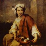A young flower seller in rustic dress sits outdoors holding blossoms in her shawl, softly lit against a muted background in Bartolome Esteban Murillo’s Baroque painting “Flower Seller.”