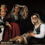 Painting by Murillo showing three humble figures crowded on a stone step: a smiling boy in a hat on the left, a young woman lifting her headscarf in the center, and an older woman with spectacles seated on the right, all against a dark background.