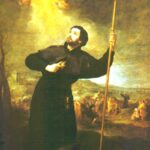 Painting by Bartolomé Esteban Murillo showing Saint Francis Xavier in a black Jesuit habit holding a tall staff, looking up toward a golden beam of light and cherubs in the sky, with small crowds and ships in the distant landscape behind him.