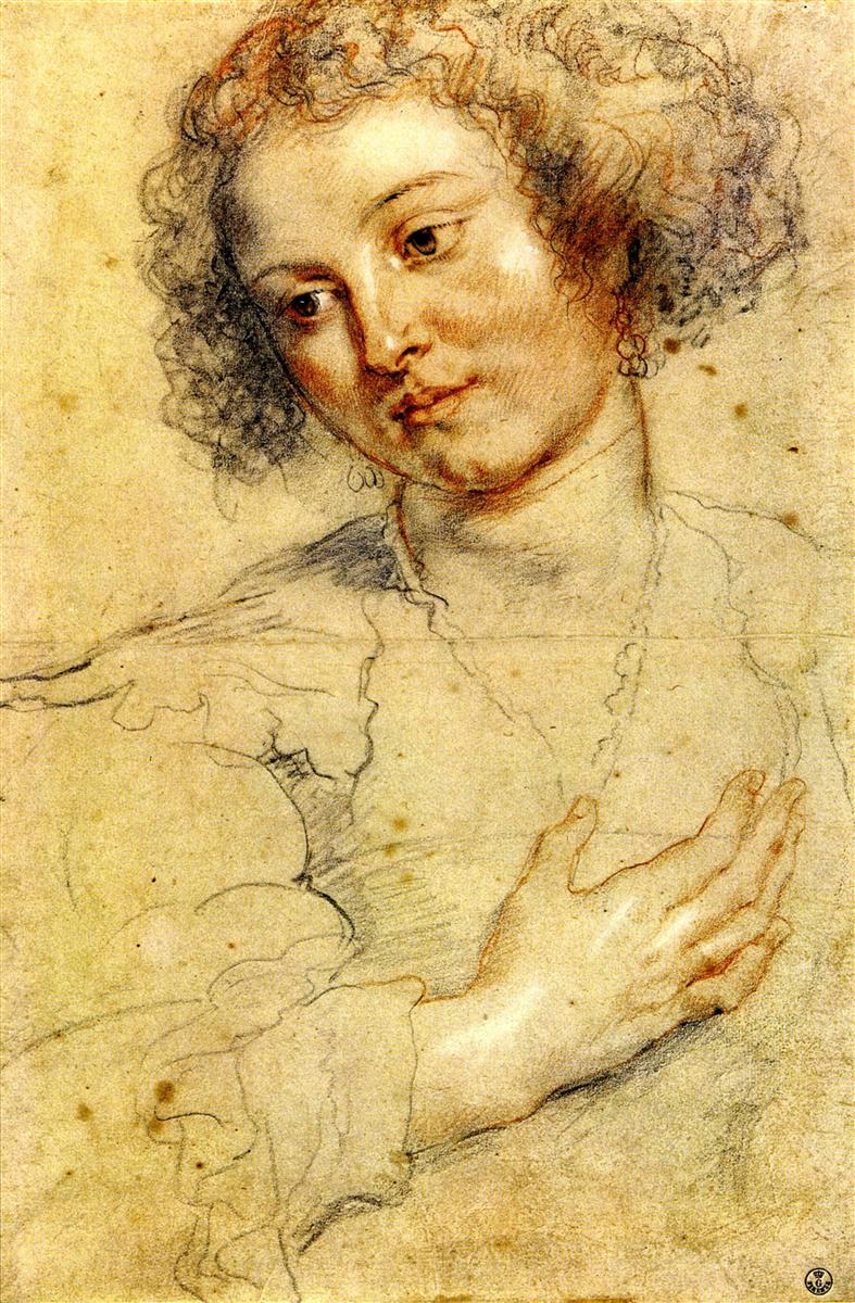 Softly colored chalk drawing of a young woman with curly hair looking downward, her right hand resting on her chest, with detailed modeling of the face and hand and lightly sketched clothing on a warm aged paper background.