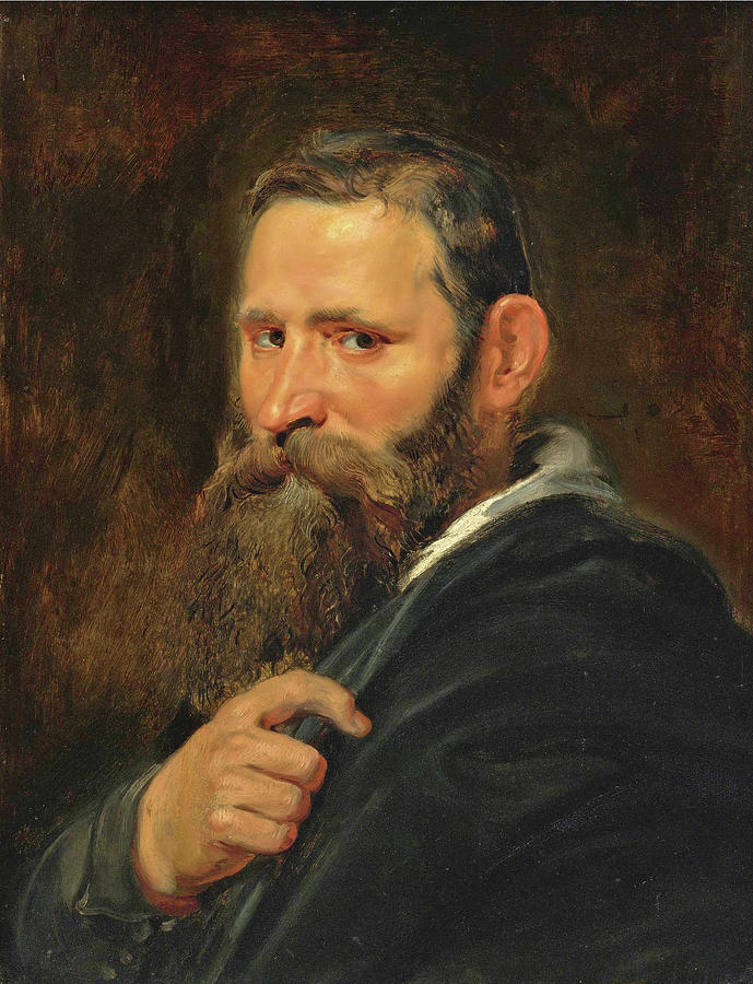 Baroque portrait by Peter Paul Rubens showing a middle-aged man with a full brown beard in three-quarter view, wearing a dark cloak and looking intently at the viewer while one hand touches his beard against a dark brown background.