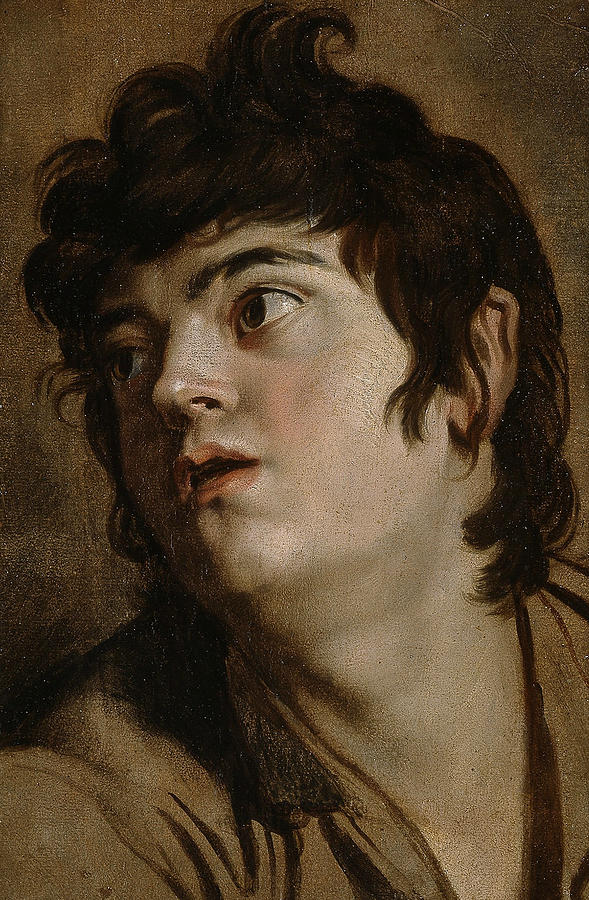 Close up painting by Peter Paul Rubens of a young man with dark tousled hair, head turned to the side, lips slightly parted and eyes looking upward with a startled, expressive gaze against a soft brown background.