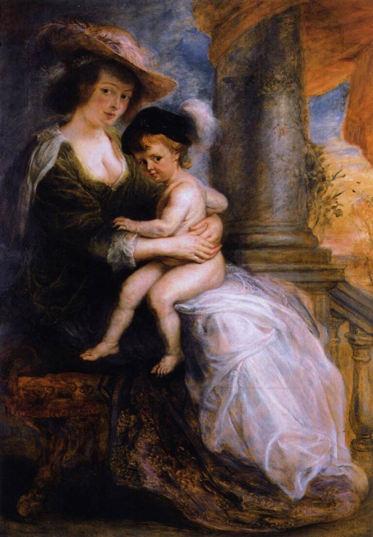 Vertical Baroque portrait by Peter Paul Rubens showing Helena Fourment seated in a dark gown and wide-brimmed feathered hat, holding her nude toddler son Francis on her lap beside a large stone column and drapery, both figures softly lit against an architectural background.