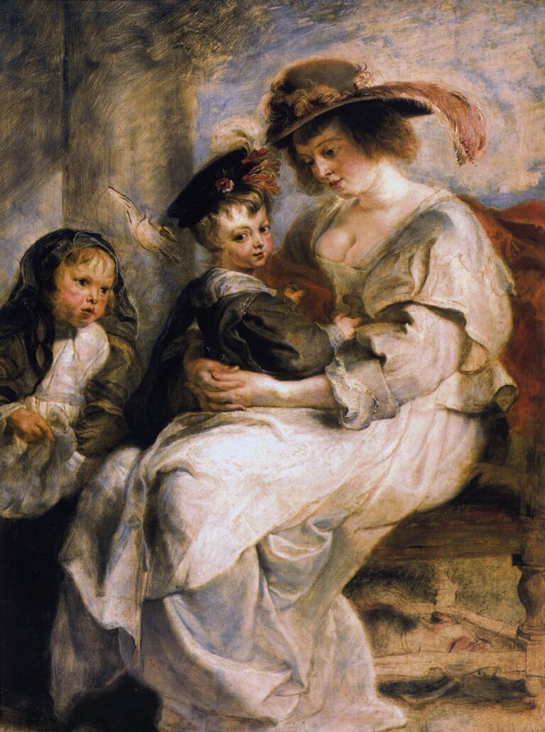 Baroque painting by Peter Paul Rubens showing Helene Fourment seated in a white dress with a feathered hat, holding a small child on her lap while another child stands beside her, all closely grouped in a warm, softly lit interior.
