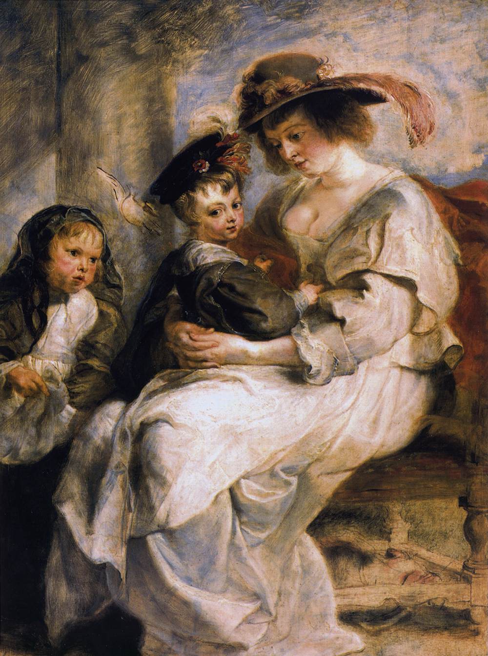 Baroque painting by Peter Paul Rubens showing Helene Fourment seated in a white dress with a feathered hat, holding a small child on her lap while another child stands beside her, all closely grouped in a warm, softly lit interior.