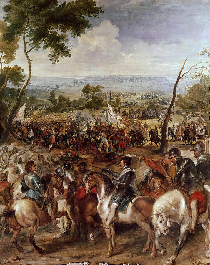 Large Baroque painting by Peter Paul Rubens depicting Henry IV on horseback in the foreground surrounded by officers, while armies clash across rolling fields under a wide cloudy sky, framed by tall trees and distant hills.