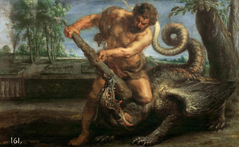 Baroque painting “Hercules Killing the Dragon of the Garden of the Hesperides” by Peter Paul Rubens showing a muscular Hercules driving his wooden club into the mouth of a coiling winged dragon in front of a formal garden landscape.