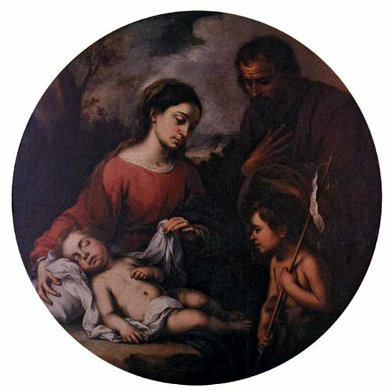 Circular painting by Murillo showing the Virgin Mary seated beside the sleeping Christ Child, with Saint Joseph standing behind in shadow and the young Saint John the Baptist approaching with a reed cross and banner in a soft outdoor setting.