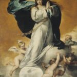 Baroque painting of the Immaculate Conception by Murillo showing the Virgin Mary in a white dress and blue mantle floating on clouds above a glowing moon, hands joined in prayer, surrounded by cherubs against a warm golden background.