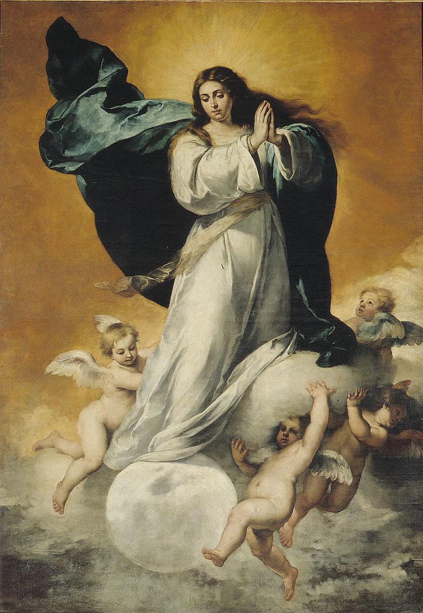 Baroque painting of the Immaculate Conception by Murillo showing the Virgin Mary in a white dress and blue mantle floating on clouds above a glowing moon, hands joined in prayer, surrounded by cherubs against a warm golden background.