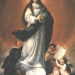 Full length image of the Virgin Mary in white and blue standing on a crescent moon and clouds, surrounded by small cherubs, in Murillo’s “The Immaculate Conception.”