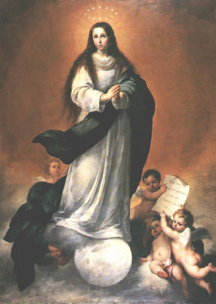 Full length image of the Virgin Mary in white and blue standing on a crescent moon and clouds, surrounded by small cherubs, in Murillo’s “The Immaculate Conception.”