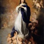 The Virgin Mary in white and blue stands on a crescent moon amid golden clouds, surrounded by numerous cherubs and angels in Bartolomé Esteban Murillo’s painting “The Aranjuez Immaculate Conception.”