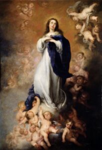 The Virgin Mary in white and blue stands on a crescent moon amid golden clouds, surrounded by numerous cherubs and angels in Bartolomé Esteban Murillo’s painting “The Aranjuez Immaculate Conception.”