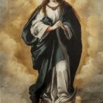 Full length painting of the Virgin Mary by Murillo showing her in white tunic and dark blue mantle, hands clasped in prayer, floating on clouds above cherub heads with a glowing halo around her head and a small coastal landscape below.