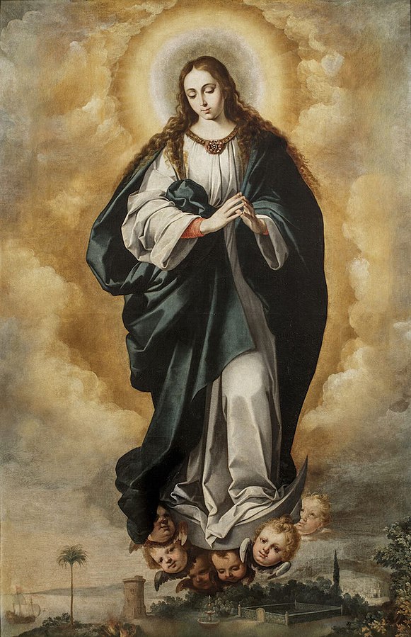 Full length painting of the Virgin Mary by Murillo showing her in white tunic and dark blue mantle, hands clasped in prayer, floating on clouds above cherub heads with a glowing halo around her head and a small coastal landscape below.