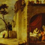 Painting by Bartolomé Esteban Murillo showing the blind Isaac in a bed blessing the kneeling Jacob while Rebekah stands behind him inside a house, with Esau approaching outside along a path under a cloudy sky.