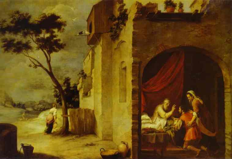 Painting by Bartolomé Esteban Murillo showing the blind Isaac in a bed blessing the kneeling Jacob while Rebekah stands behind him inside a house, with Esau approaching outside along a path under a cloudy sky.