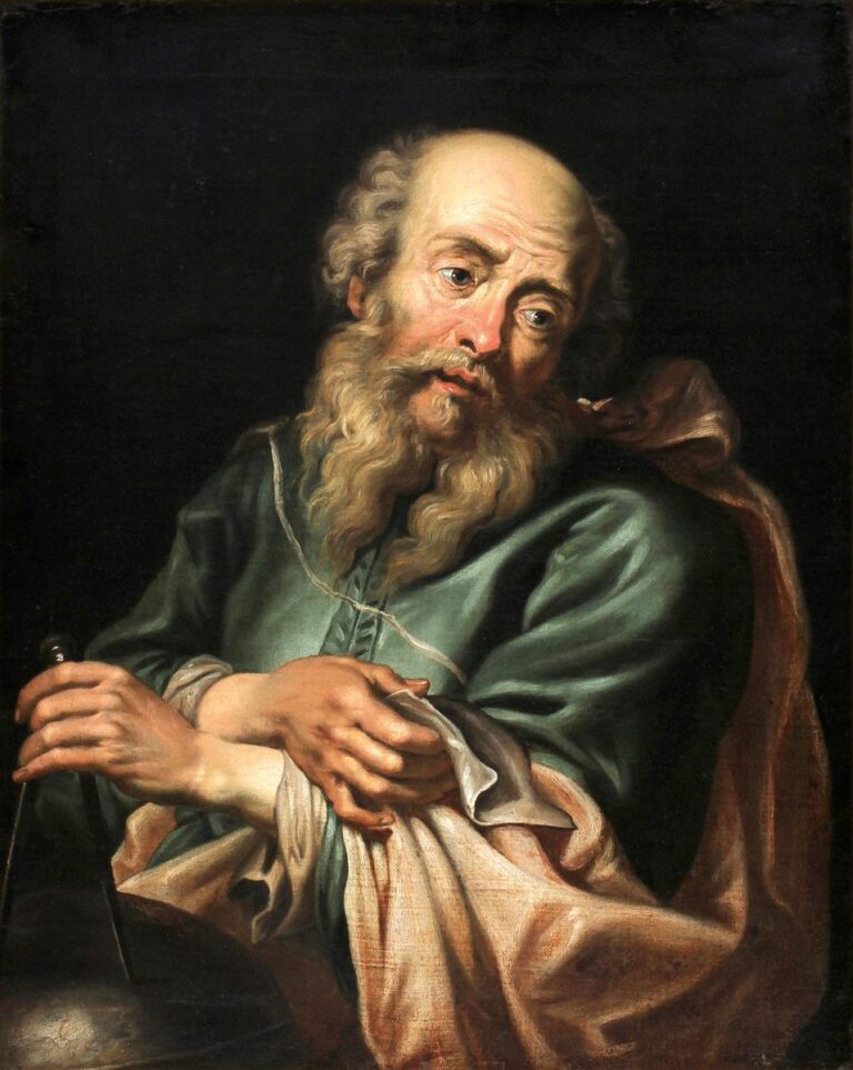 Baroque portrait by Peter Paul Rubens showing Galileo Galilei half-length against a dark background, with a bald head and long beard, wearing a green robe, clasping his hands over a cloth beside a scientific instrument, and gazing upward in thoughtful, melancholy reflection.