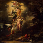 Nighttime Baroque painting of Jacob asleep on the ground while a tall ladder rises into glowing clouds, filled with angels ascending and descending against a dark landscape.