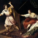 Baroque painting by Murillo showing Joseph in a short tunic twisting away in alarm as Potiphar’s wife, seated on a bed with red and white garments, leans forward and grasps his cloak in a dark interior.