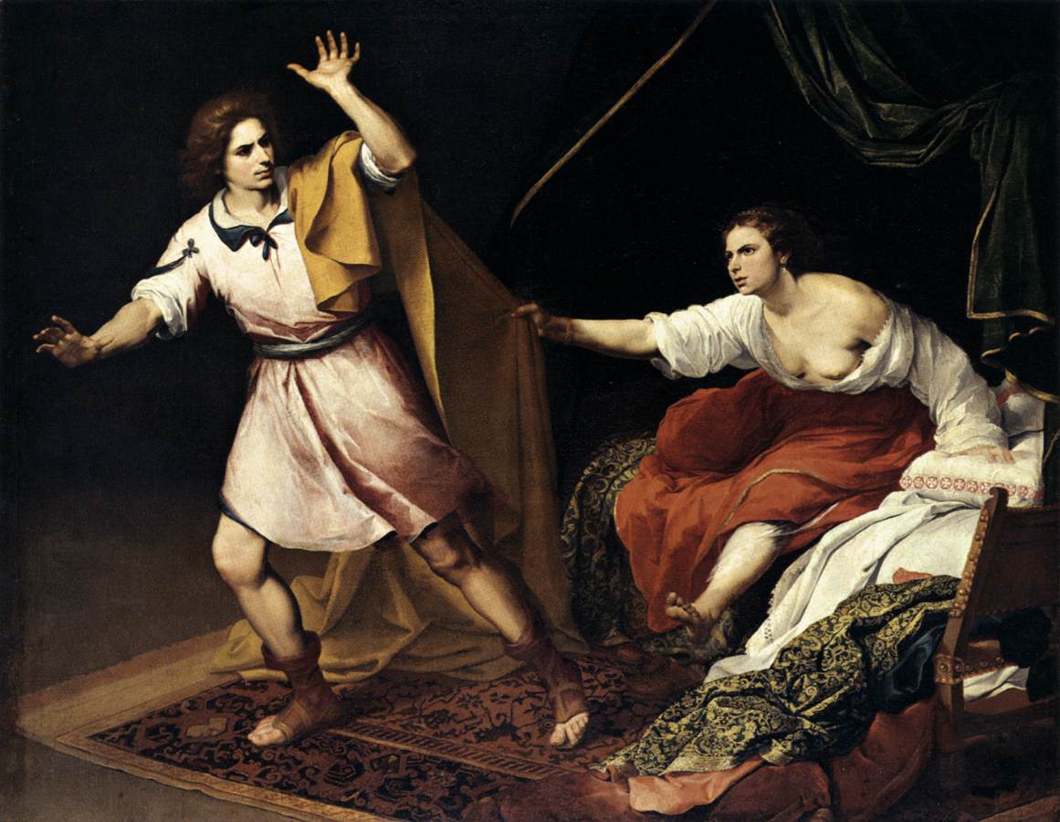 Baroque painting by Murillo showing Joseph in a short tunic twisting away in alarm as Potiphar’s wife, seated on a bed with red and white garments, leans forward and grasps his cloak in a dark interior.