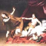 Murillo painting of Joseph and Potiphar’s wife showing Joseph fleeing left while Potiphar’s half dressed wife grips his cloak on a luxurious bed with red curtains.