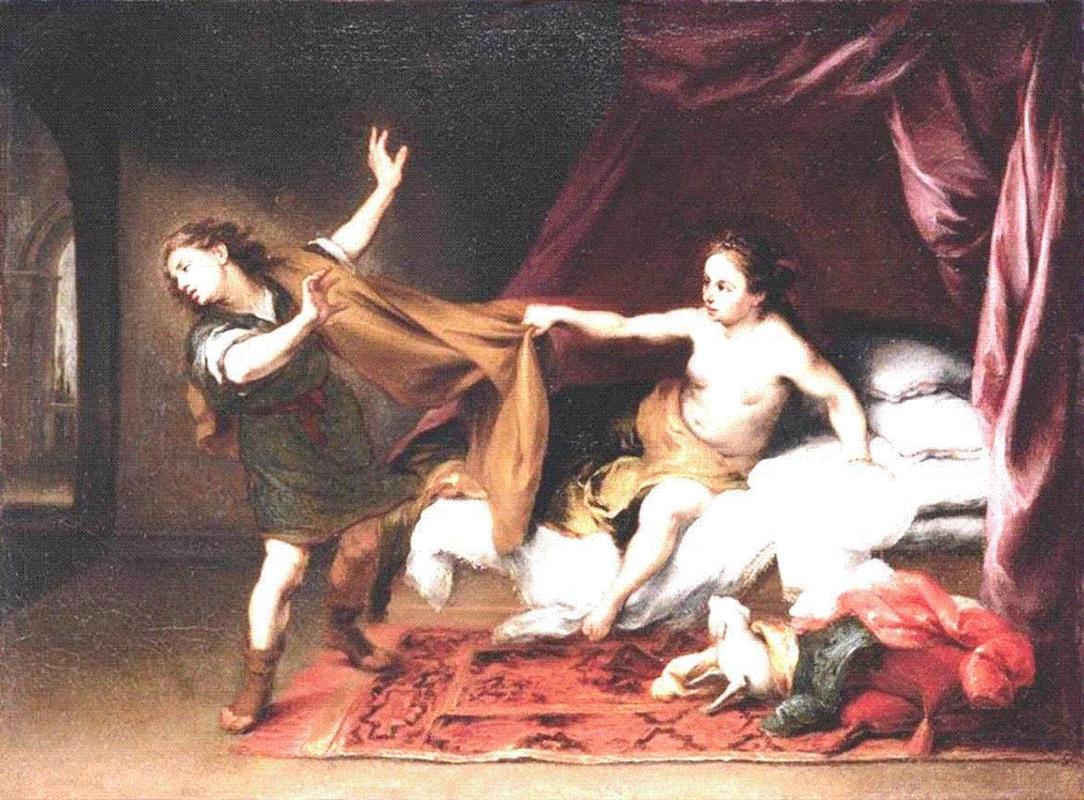 Murillo painting of Joseph and Potiphar’s wife showing Joseph fleeing left while Potiphar’s half dressed wife grips his cloak on a luxurious bed with red curtains.