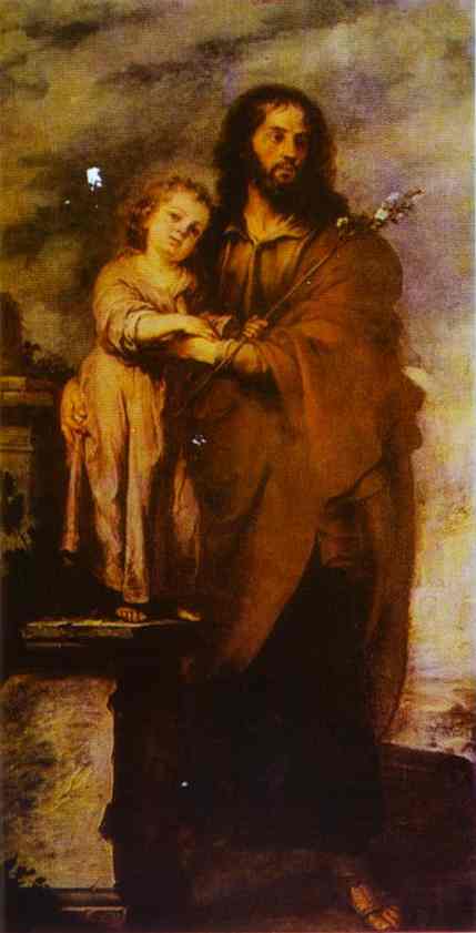 Vertical Baroque painting of Saint Joseph standing and holding the young Christ Child close, both wrapped in warm brown drapery against a soft, shadowed background.